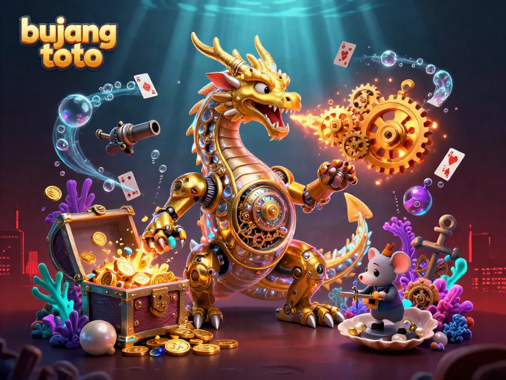 Bujang toto’s 3D illustration shows a golden dragon spewing gears in a vibrant casino ocean.