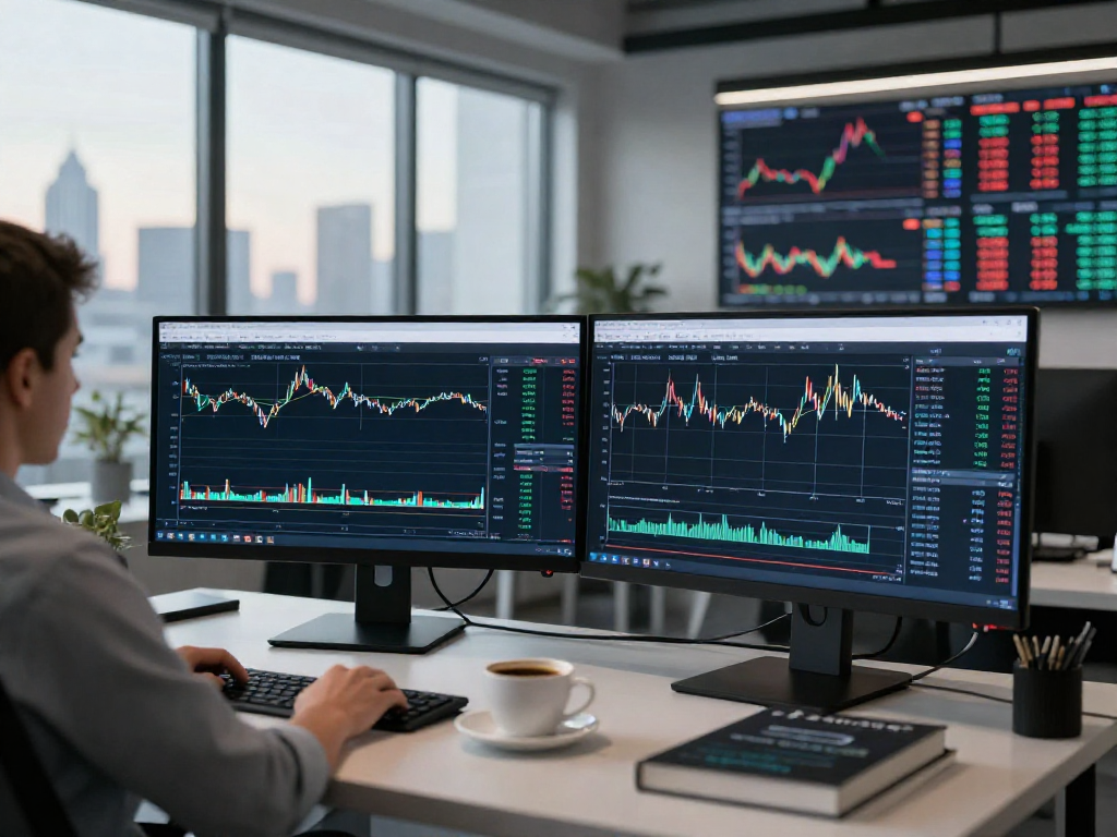 交易者在现代办公环境中使用MetaTrader 5分析市场图表，实时监控市场动向。