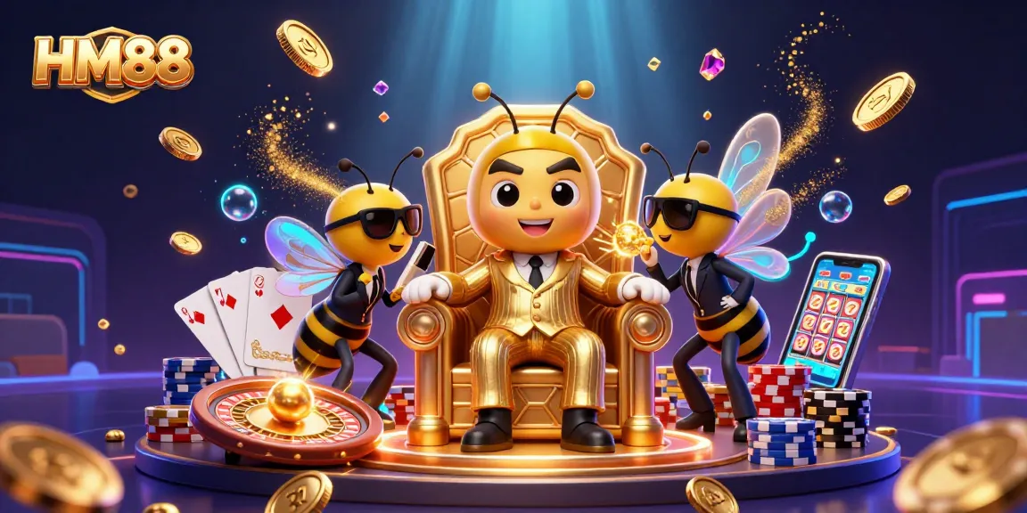 Win big at HM88 with this vibrant casino scene filled with golden elements and thrilling games.