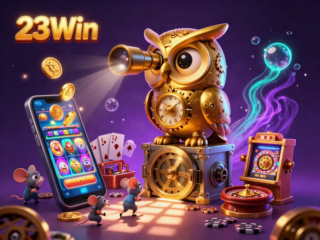 Join the excitement at 23Win with a vibrant scene of a clockwork owl and animated slot activity.
