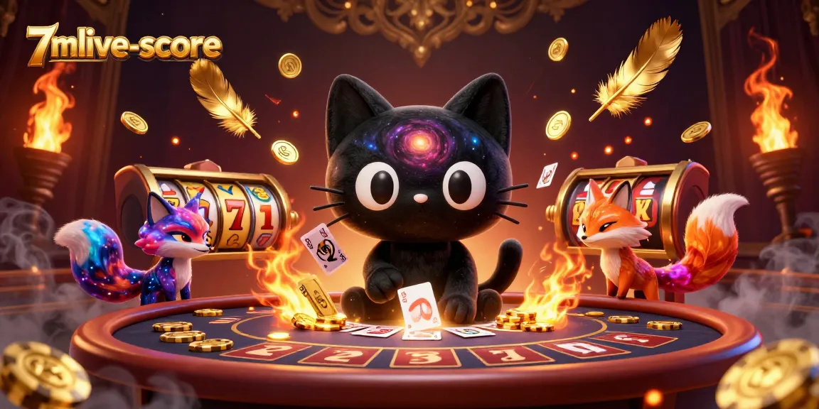 Exciting 7mlive-score gaming illustration featuring a cosmic cat and fox at a casino table