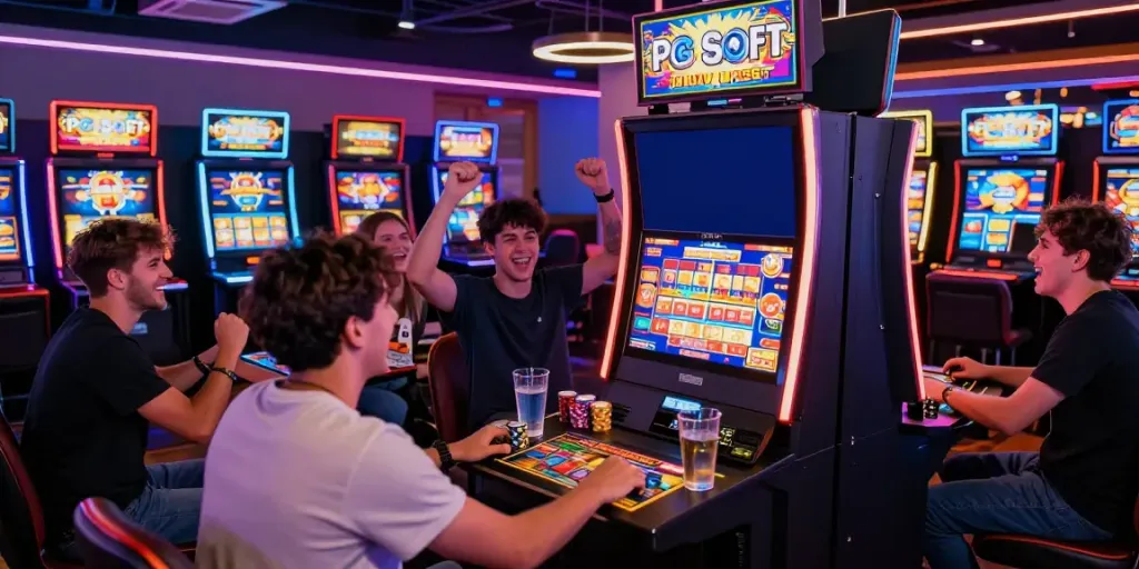Excited players enjoying slot gacor games in a vibrant gaming lounge with colorful machines.