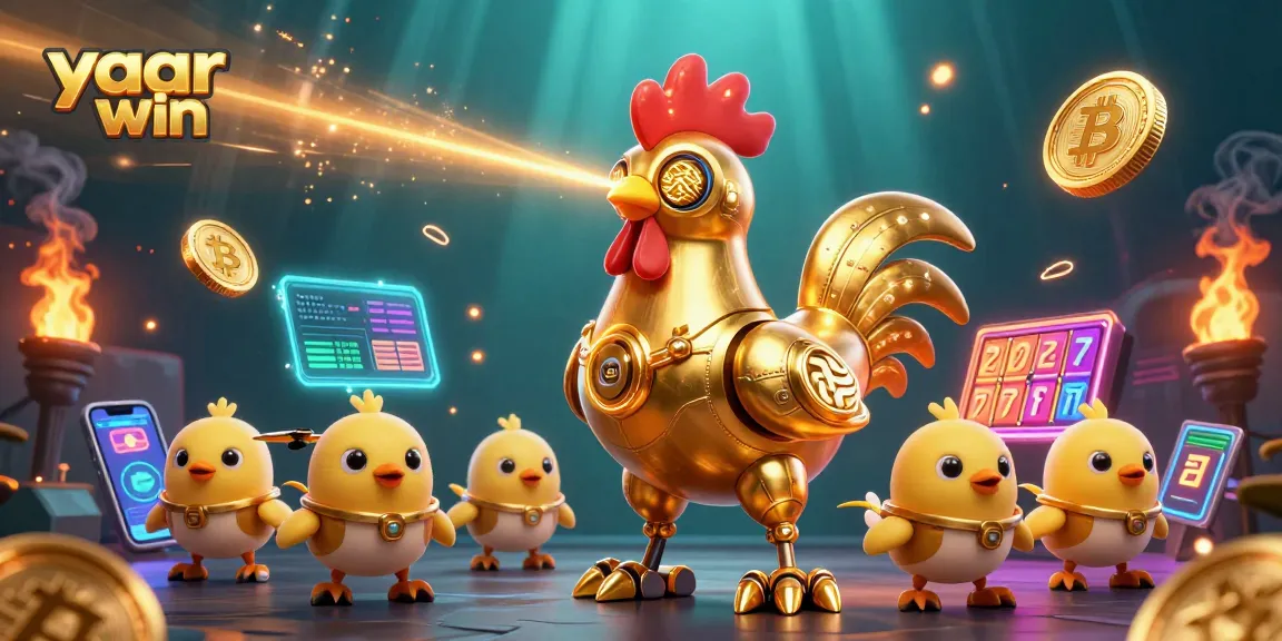Experience thrilling gaming with yaar win, featuring a golden rooster robot and vibrant slot elements.