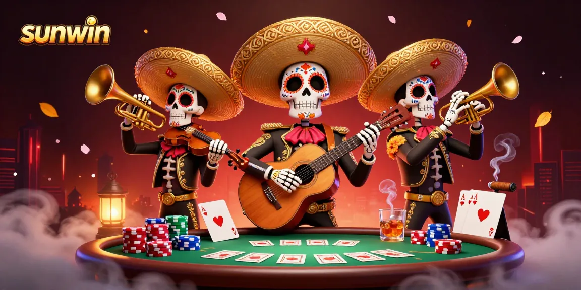 Sunwin players celebrate with a vibrant mariachi band at a lively poker game filled with chips and cards.