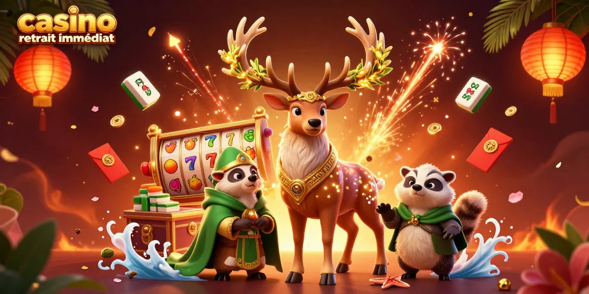 Illustration captivante présentant le casino retrait immédiat avec un cerf druidique et un blaireau dans une scène animée