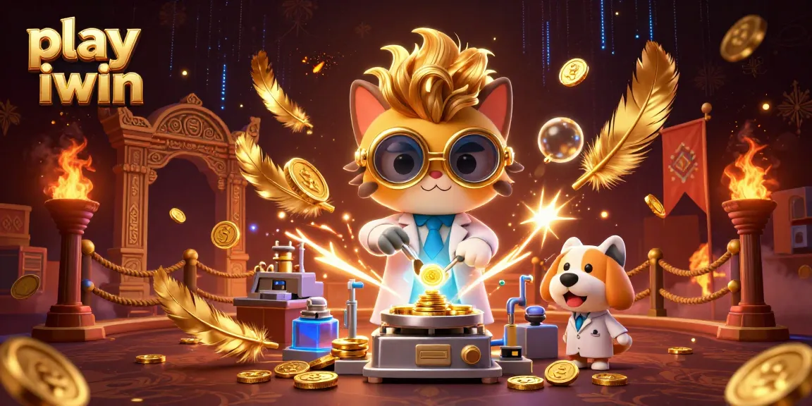 Play iwin at a vibrant casino with a mad scientist cat and assistant dog, gold coins flying.