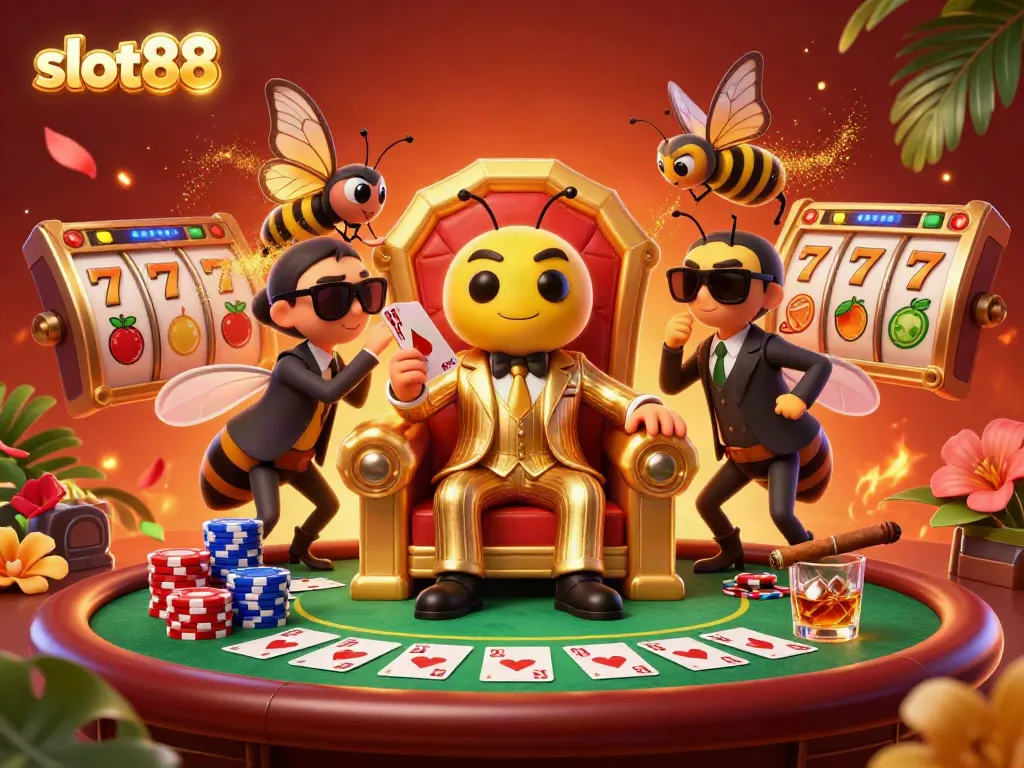 Engage with slot88 in this vibrant casino-themed scene featuring a bumblebee mob boss and wasp bodyguards.