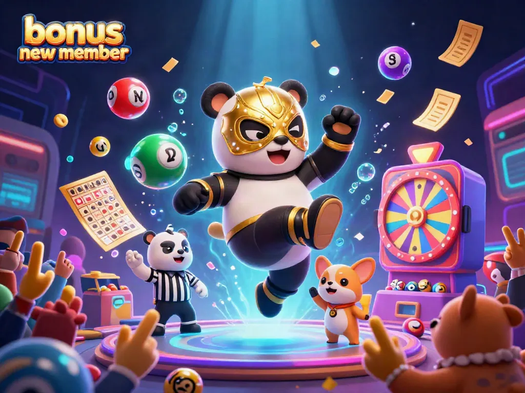 Experience the excitement of a bonus new member with a cartoon panda in a lucha libre mask kicking and cheering crowds!