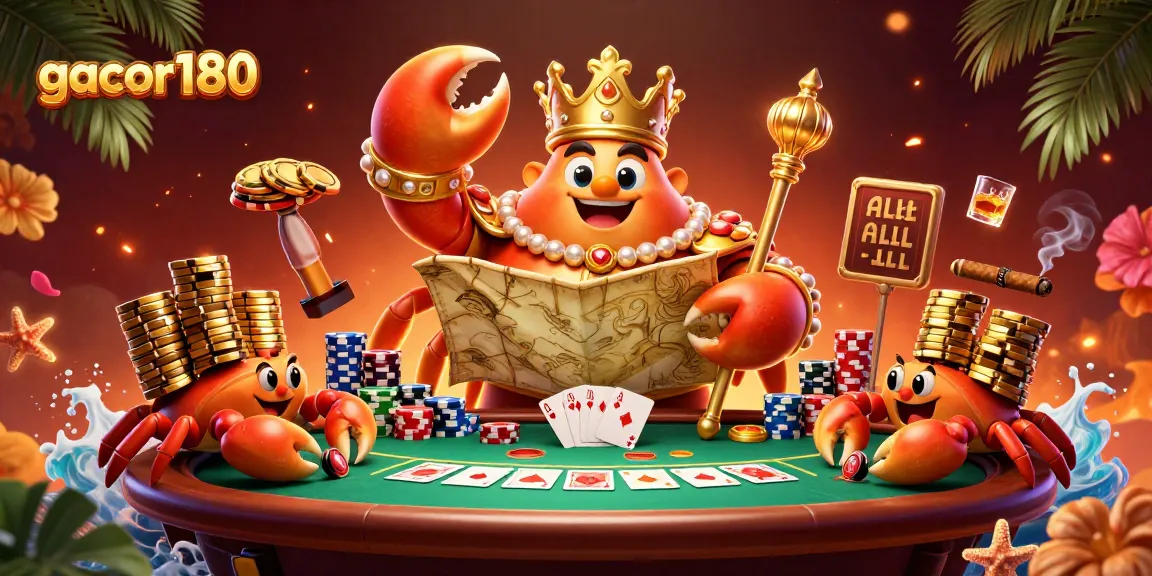 Menangkan permainan di gacor180 dengan ilustrasi kaisar kepiting emas yang megah dan permainan poker.