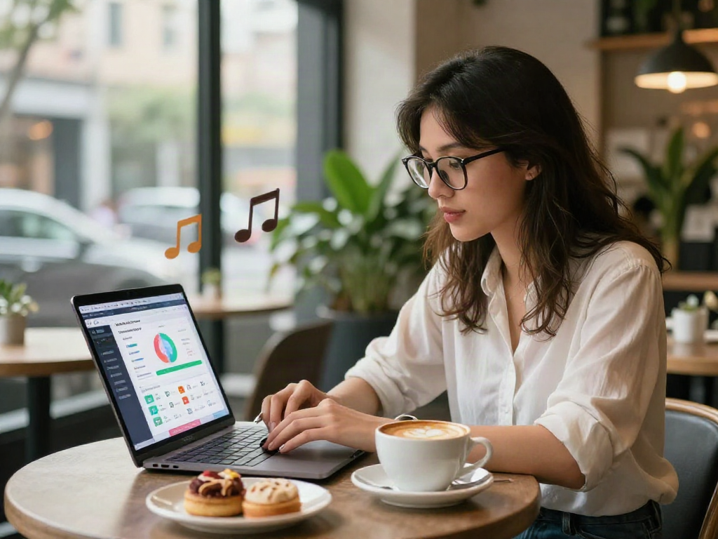 Engaging lifestyle scene depicting a woman taking an attractive test in a cozy urban café.