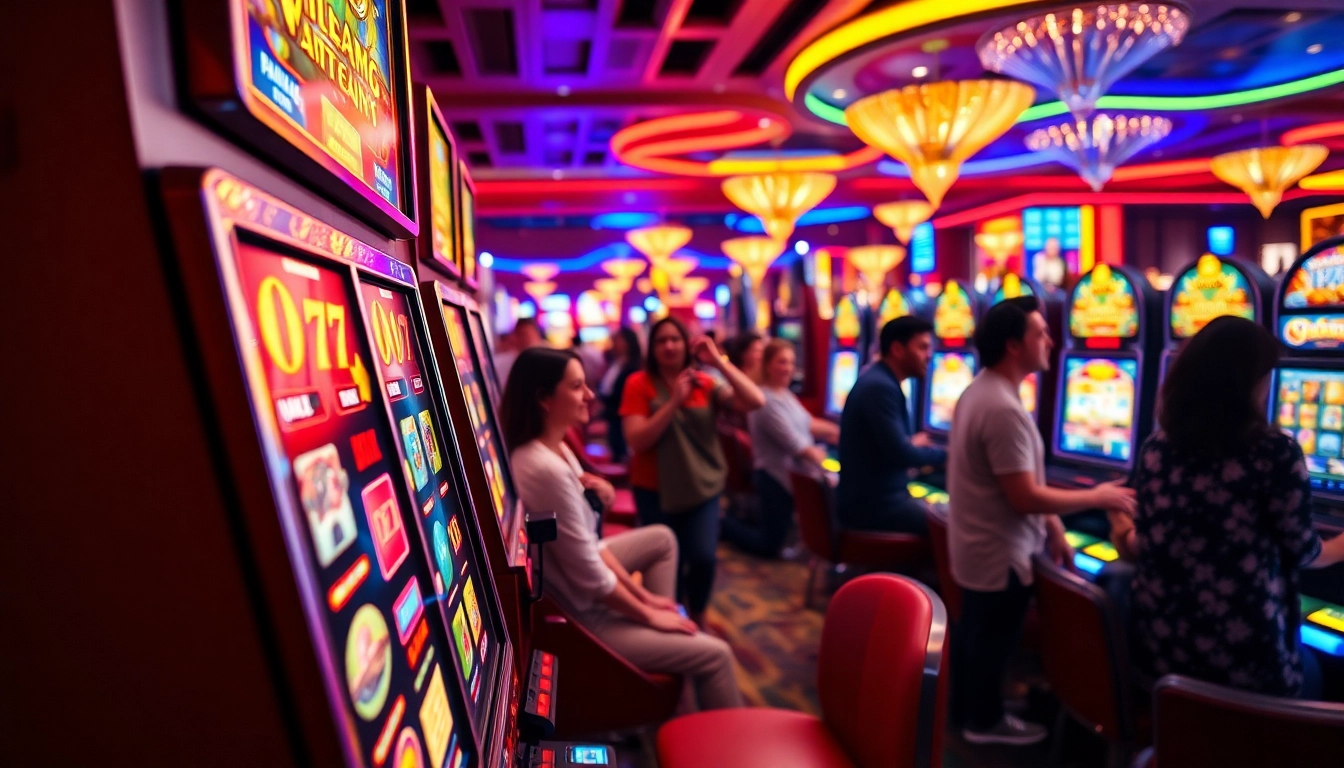 Players actively enjoying slot gambling at a bustling casino, showcasing vibrant slot machines and energetic atmosphere.