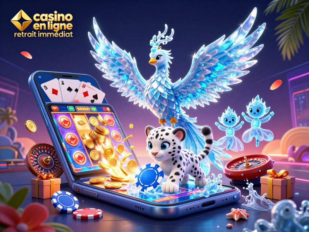 Retirez vos gains rapidement avec un casino en ligne retrait immédiat, illustré par un phoenix de glace et des éléments de jeu.