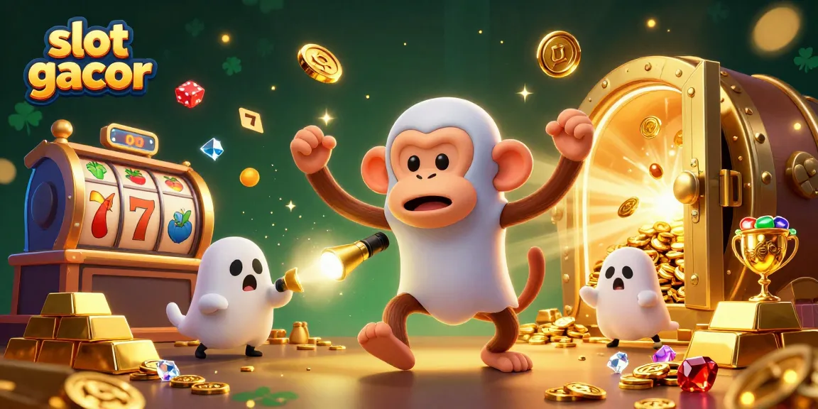 Engaging slot gacor scene with a mischievous monkey and ghost-hunter puppy amidst vibrant casino elements.