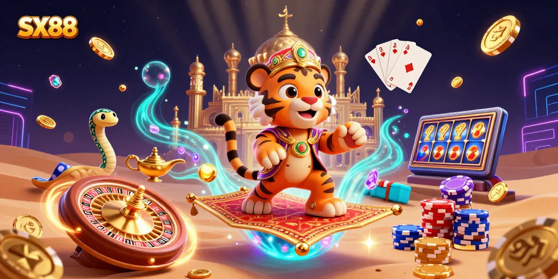SX88 casino adventure with a tiger sultan on a flying carpet amongst dazzling gems and golden coins.