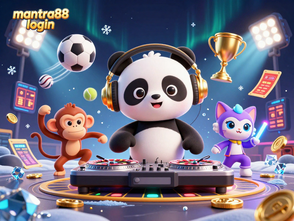 Experience the excitement of mantra88 login with a vibrant 3D casino party scene featuring playful characters.