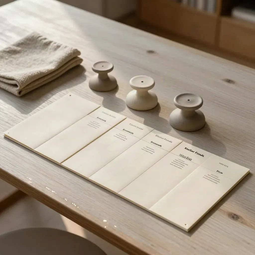 Cream binder sleeves, ceramic weights, and wool cloth arranged on a pale wood table