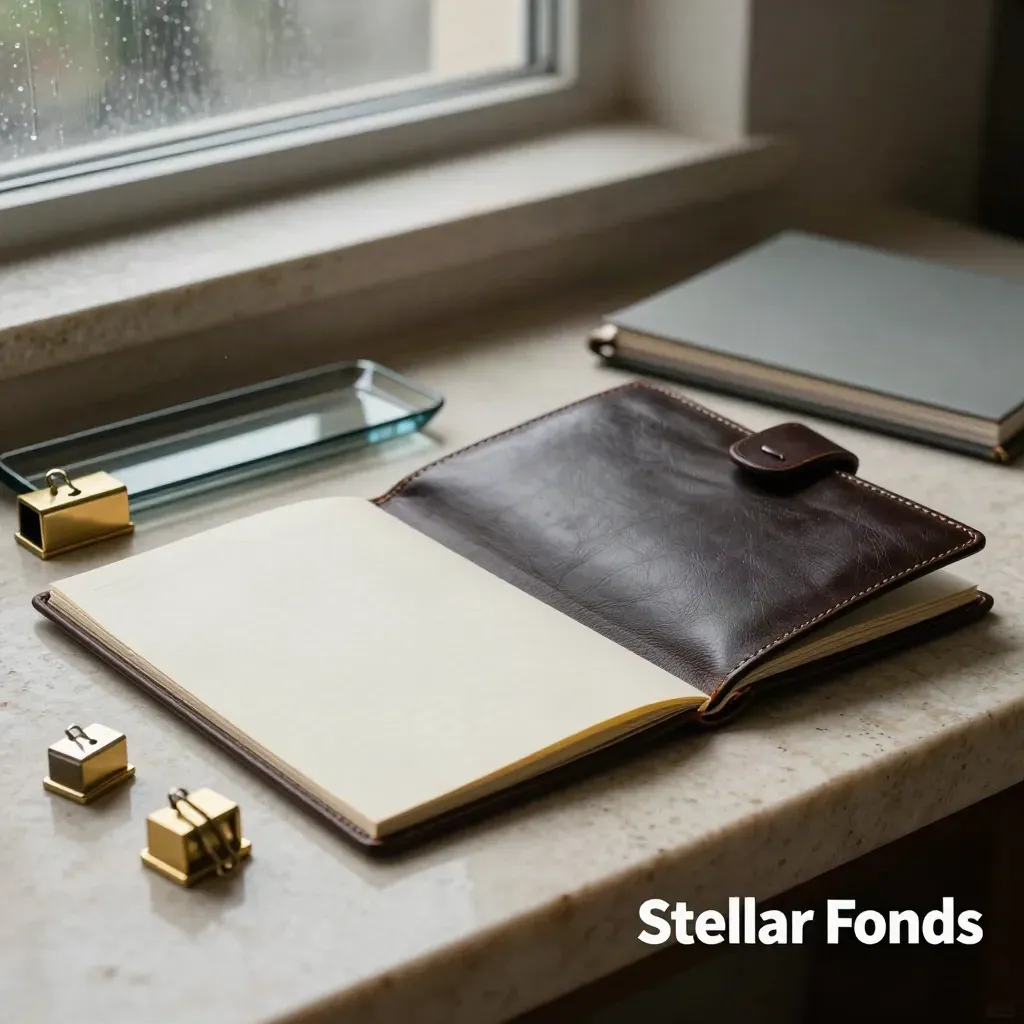 Leather portfolio, brass weights and blank sheets on travertine in a moody finance interior.