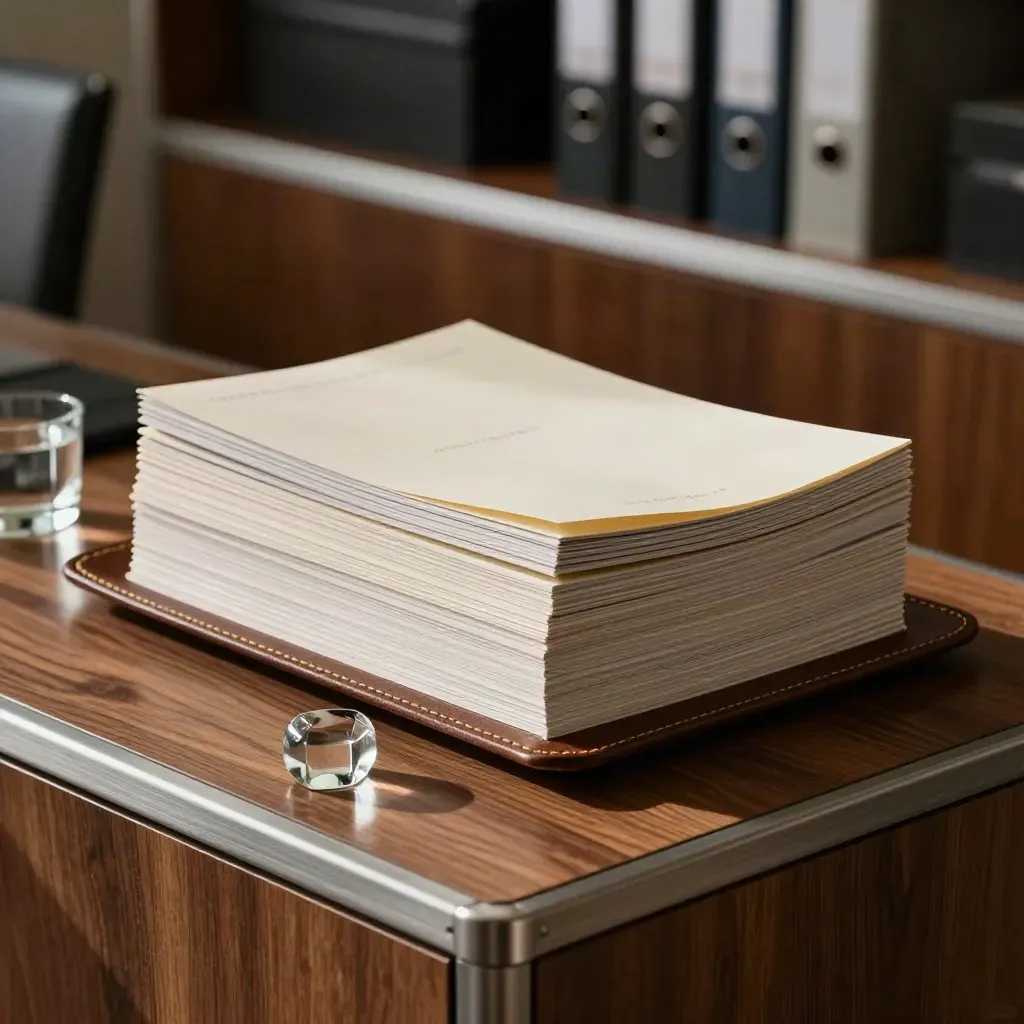Leather tray with squared investor report bundle and glass paperweight on a walnut credenza