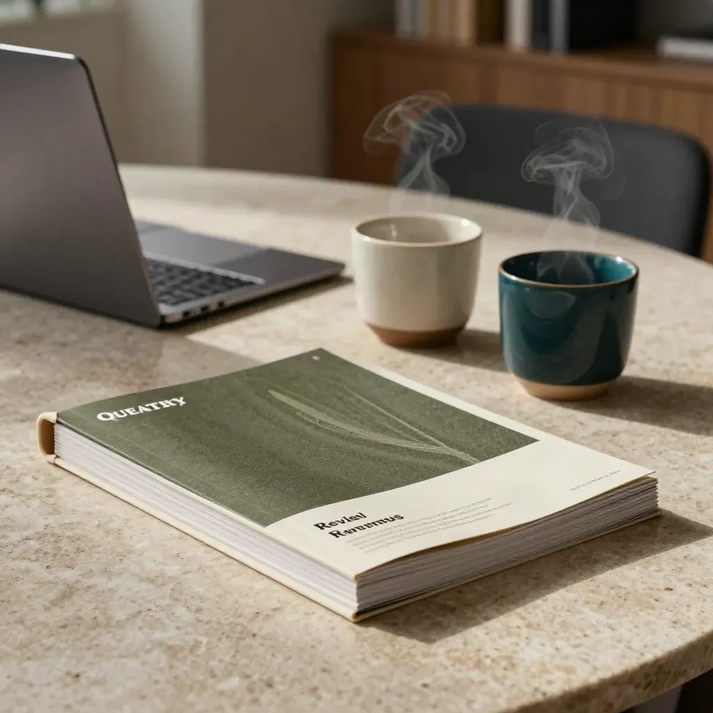 Quarterly folio, closed laptop, and ceramic cups on a limestone boardroom table in soft daylight.