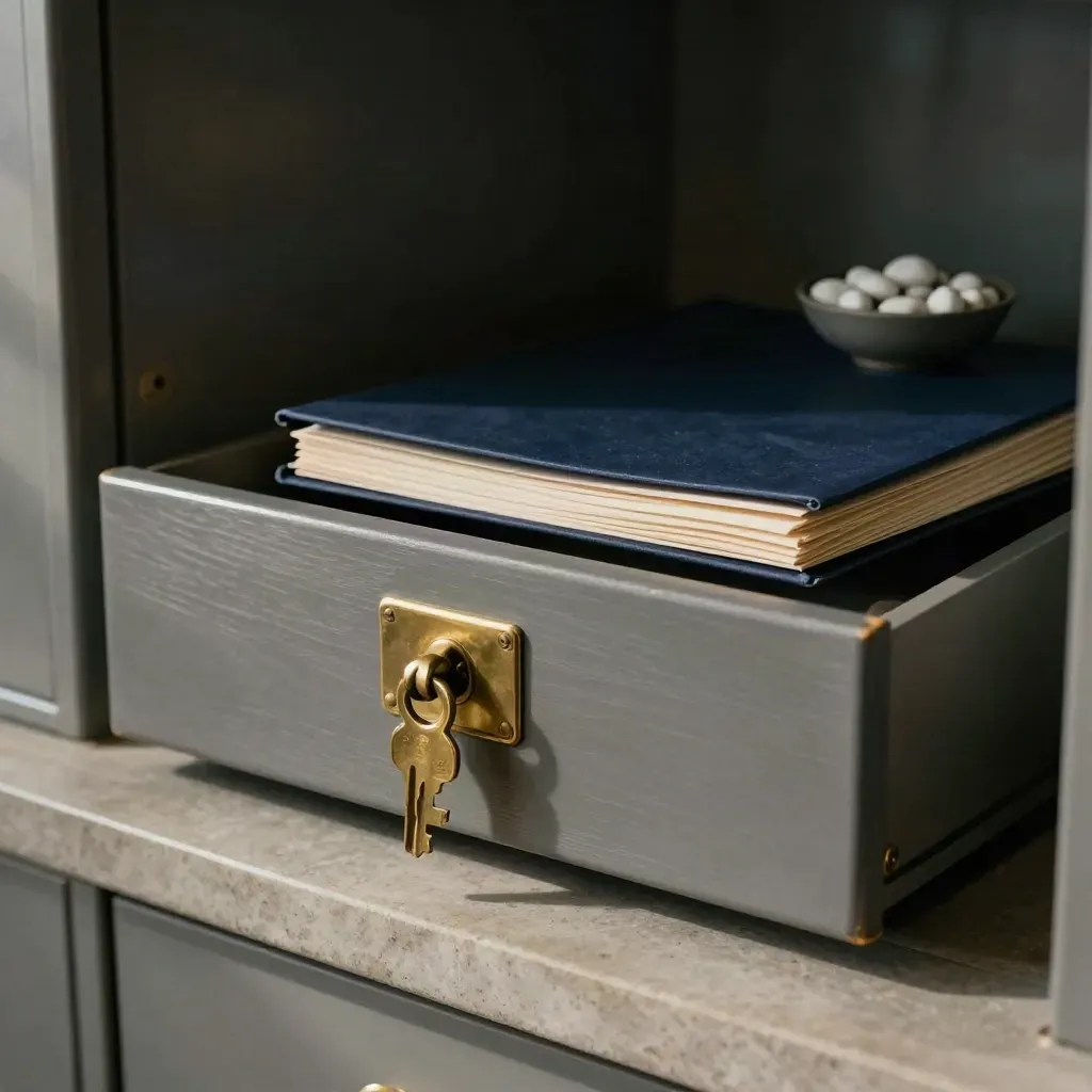 Locked cash drawer with navy folders and a brass key tag on a stone counter.