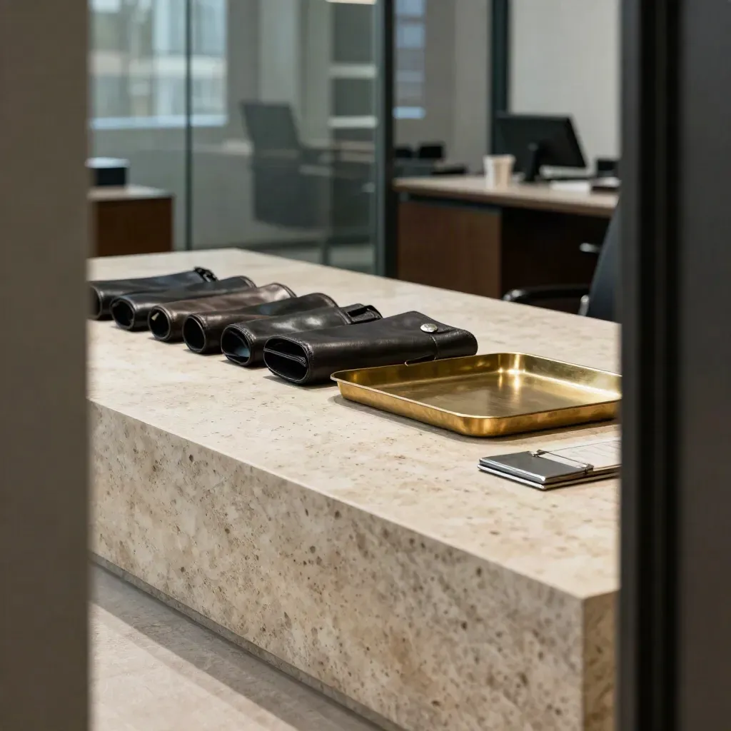 Charcoal leather model sleeves on a brass tray over pale travertine in a modern investment office.