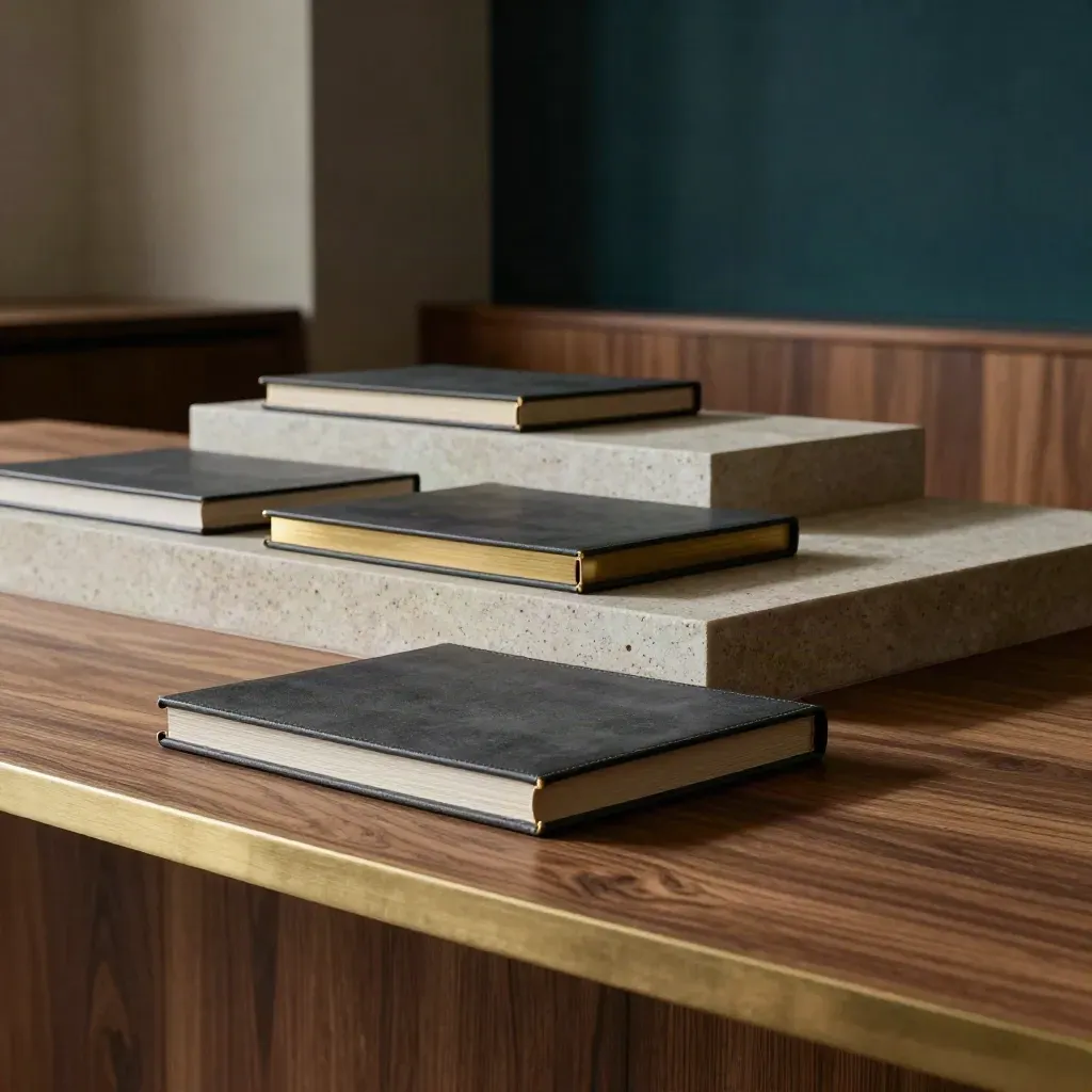 Stone plinths with dark folios and a brass spacer in a quiet review room