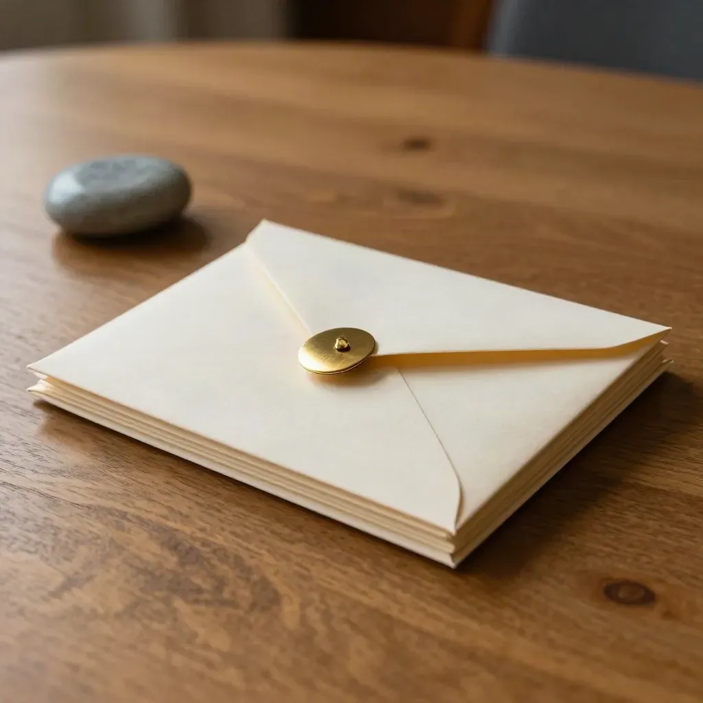 Cream envelopes clipped and weighted on an oak table, squared for dispatch