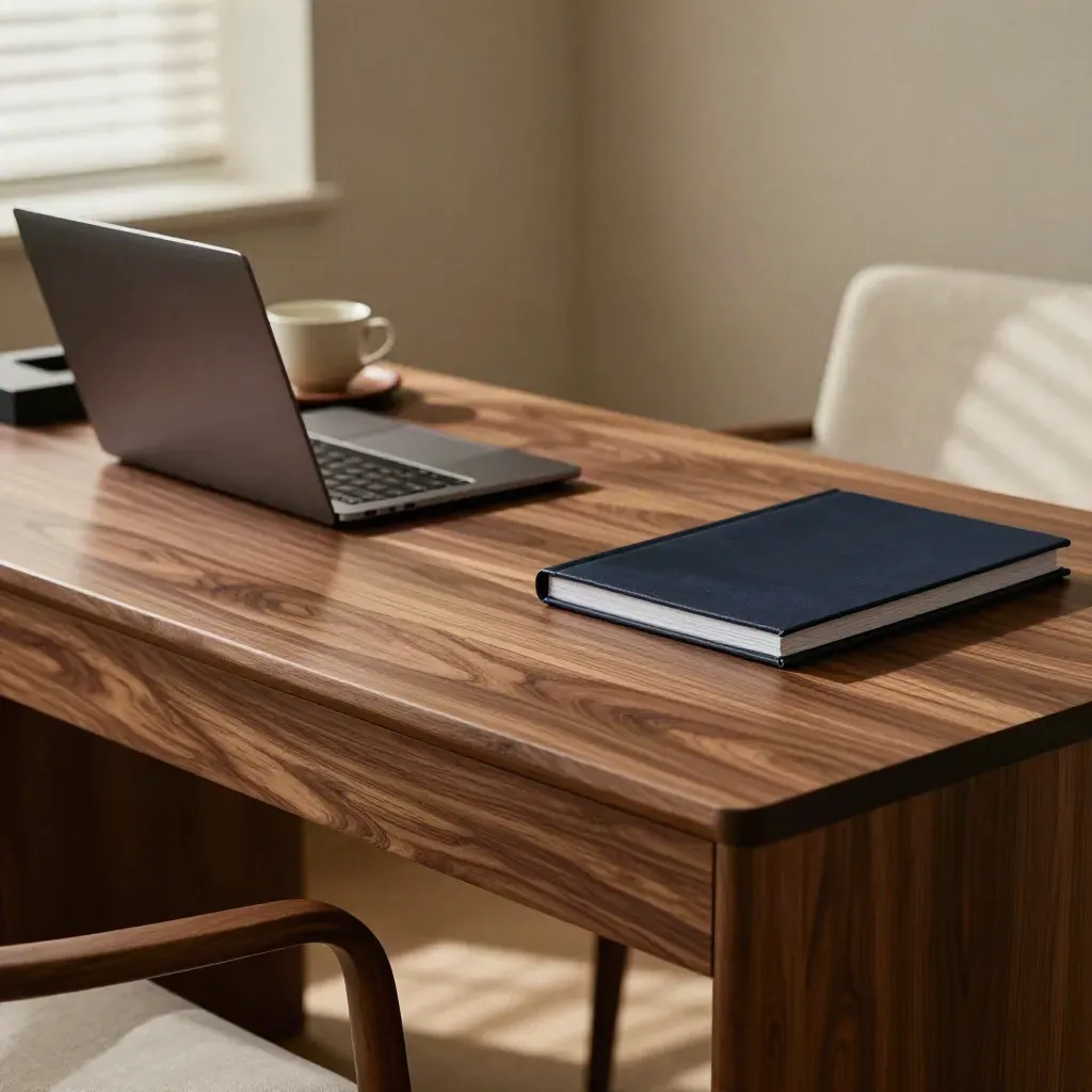 Walnut family office desk with closed laptop, leather tray, ceramic cup and navy folio in warm light