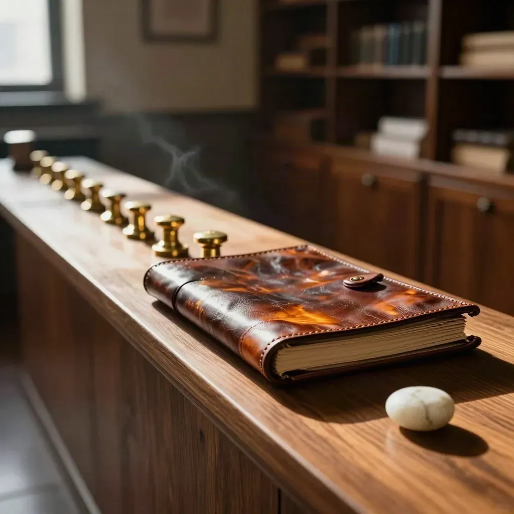 Brass stoppers and a sealed leather folio on a warm wood ledge in soft afternoon light.