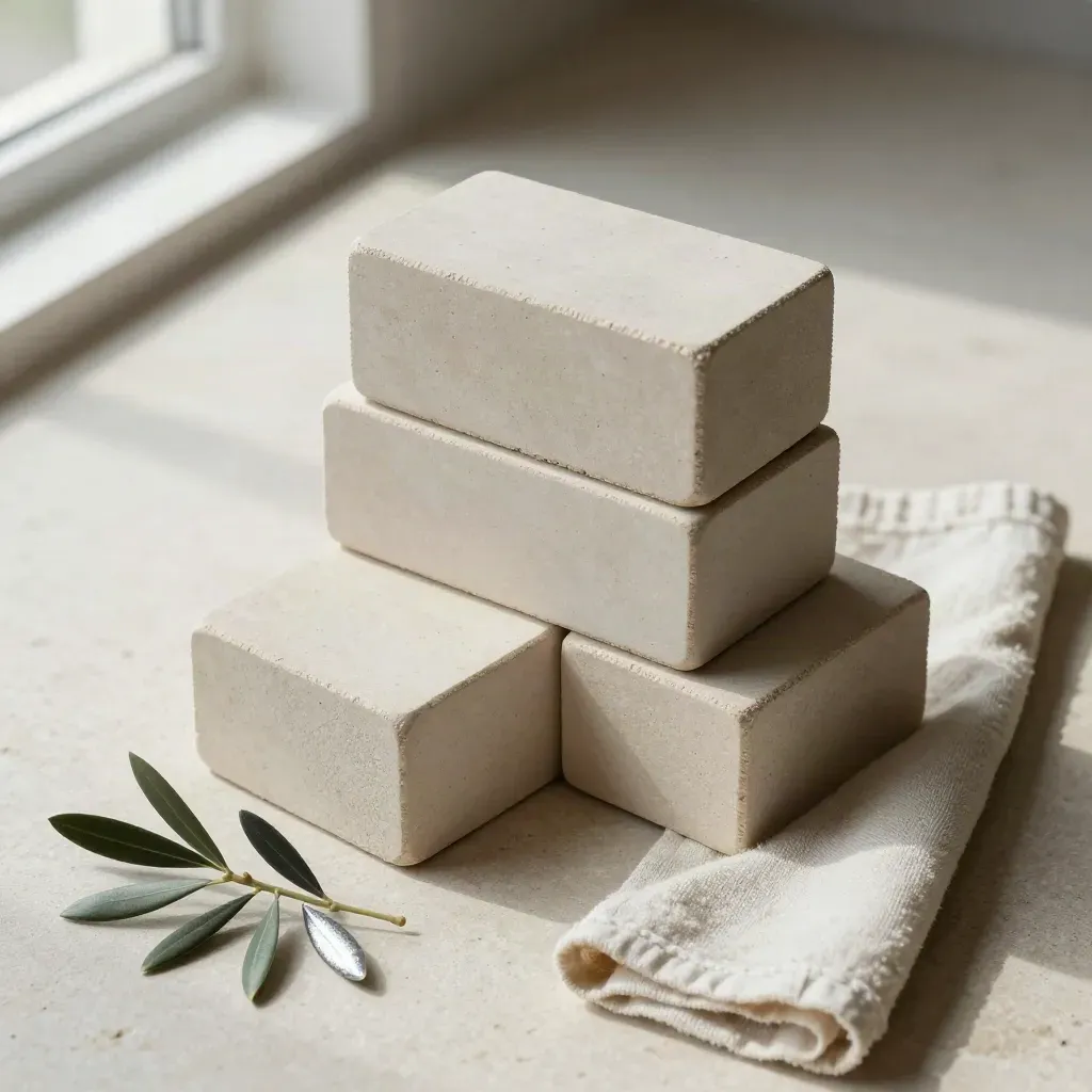 Three ceramic blocks, linen cloth, and olive branch on pale stone in a balanced flatlay.