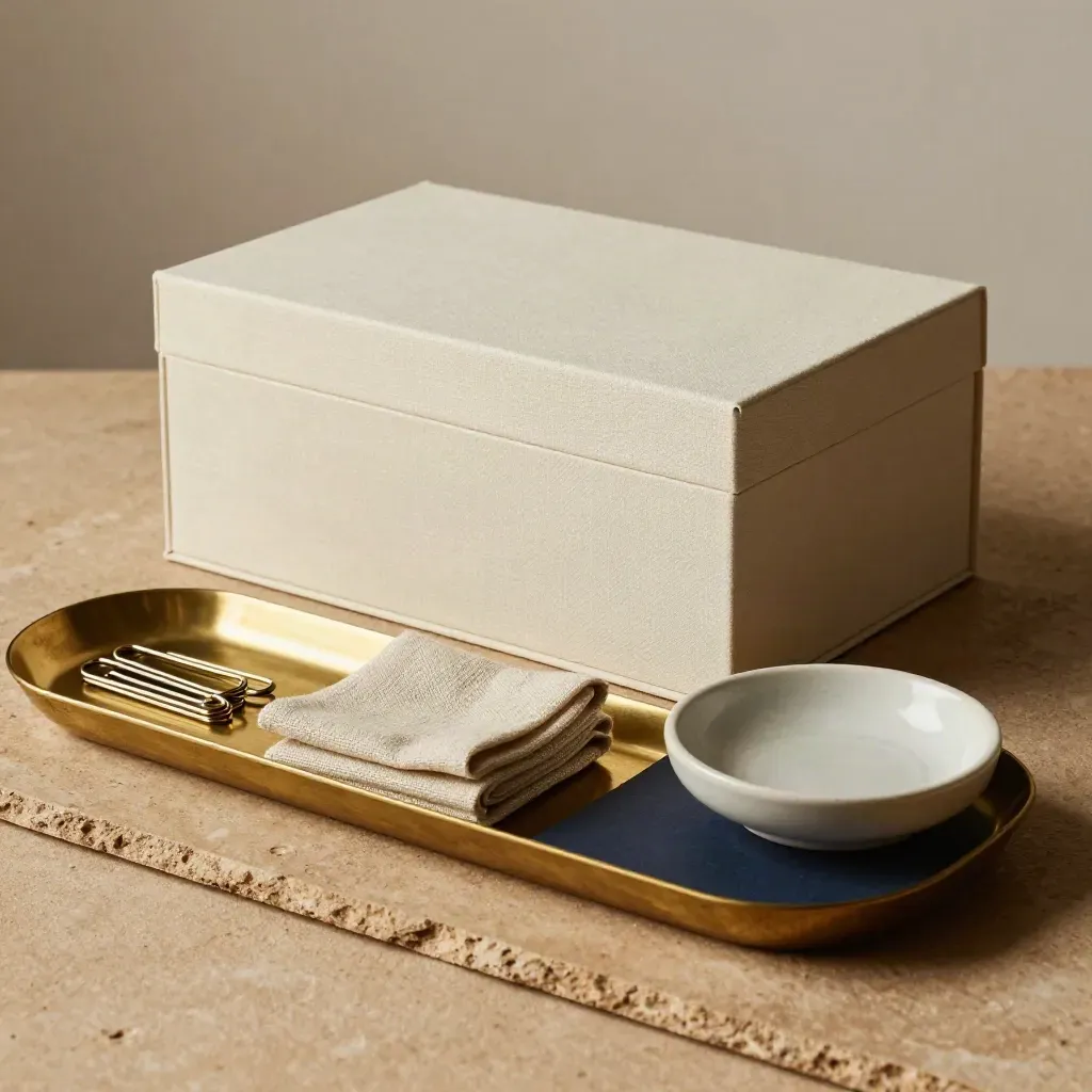 Cream archive box with brass tray, linen ribbon and ceramic dish on warm plaster.