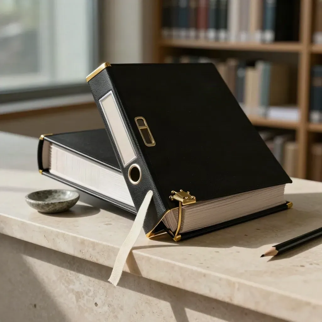 Black binder with brass corners closing on a pale stone ledge in a premium office archive