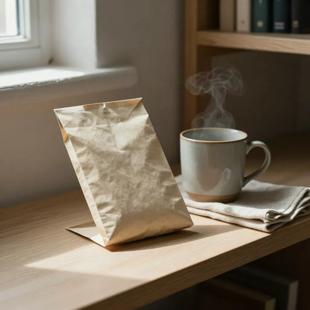 Closed report packet, ceramic cup, and linen napkin on a pale oak shelf in soft window light.