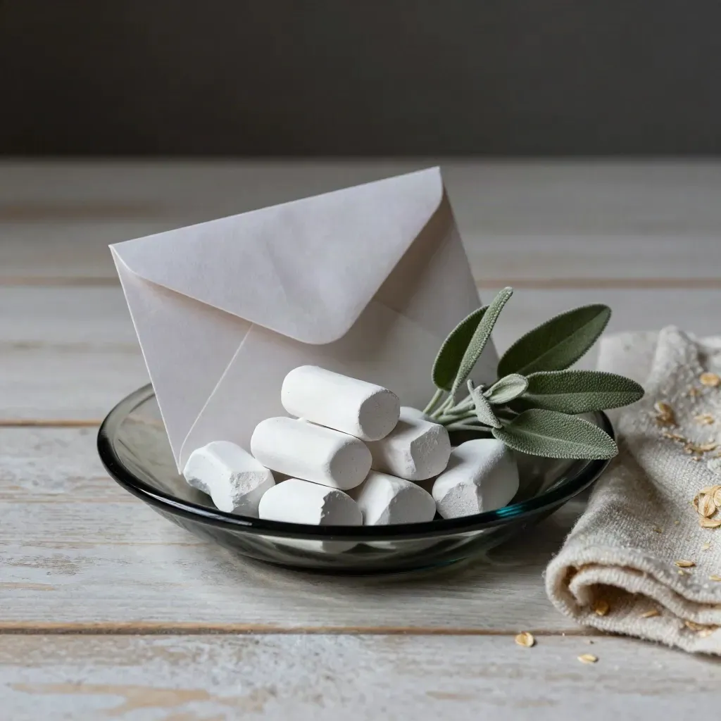 Dark glass dish with white stones, cash envelope, sage plant, and folded cloth on pale oak.