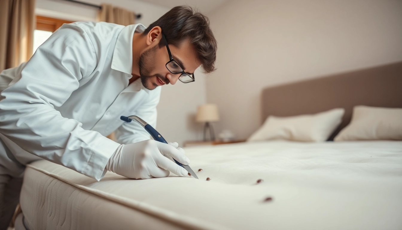 Efficient bed bug removal process by a pest control technician in a clean bedroom.