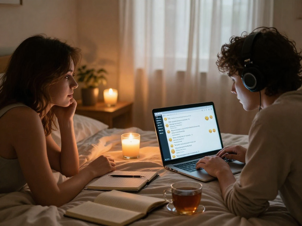 Engaging in intimate sex chat on laptops in a cozy bedroom.