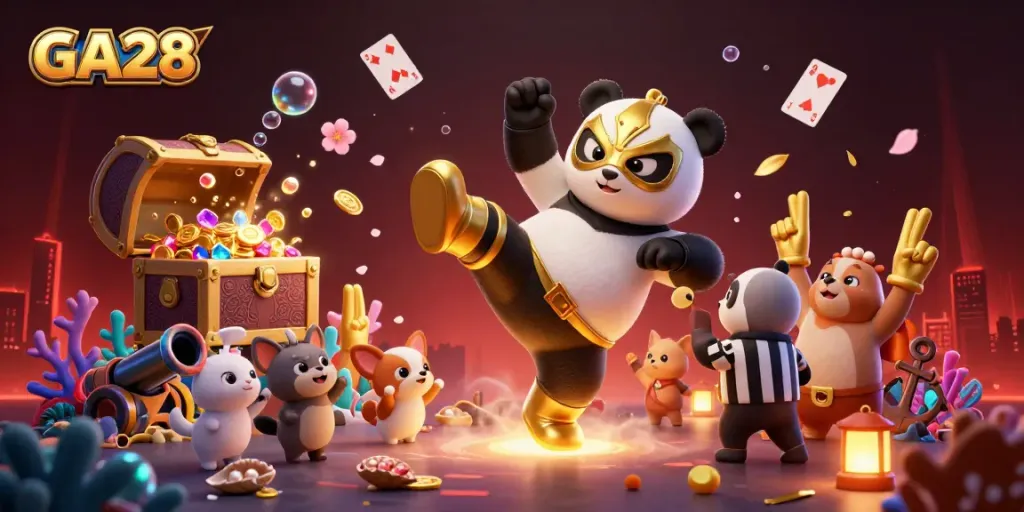 Engage with GA28 Casino's vibrant atmosphere featuring a panda wrestler and animal fans cheering.