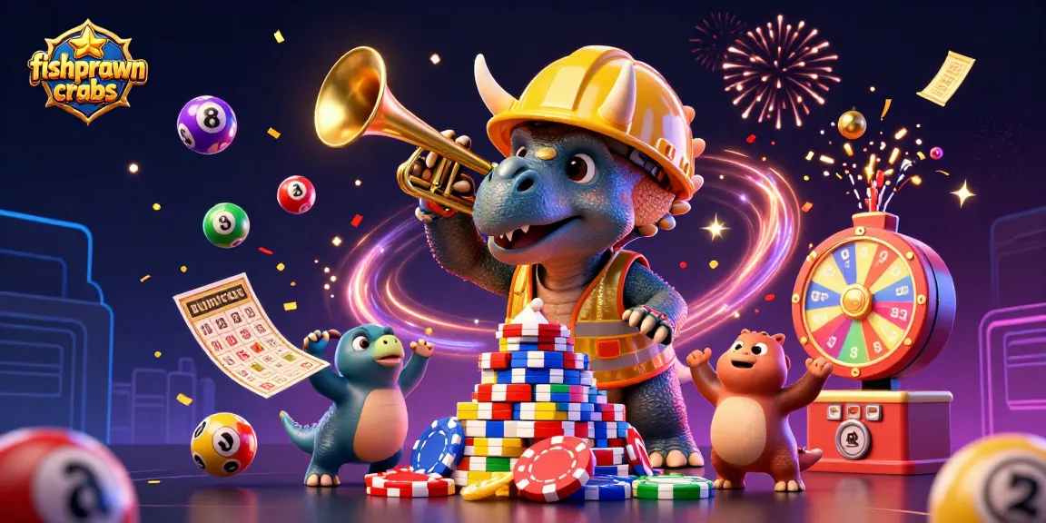 Engage in exciting fishprawncrabs action with a triceratops celebrating a poker chip pyramid creation.
