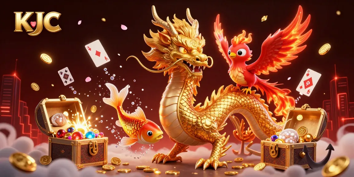 KJC offers thrilling gaming action featuring a fierce golden dragon, a fiery phoenix, and a lucky koi fish leaping through coins.