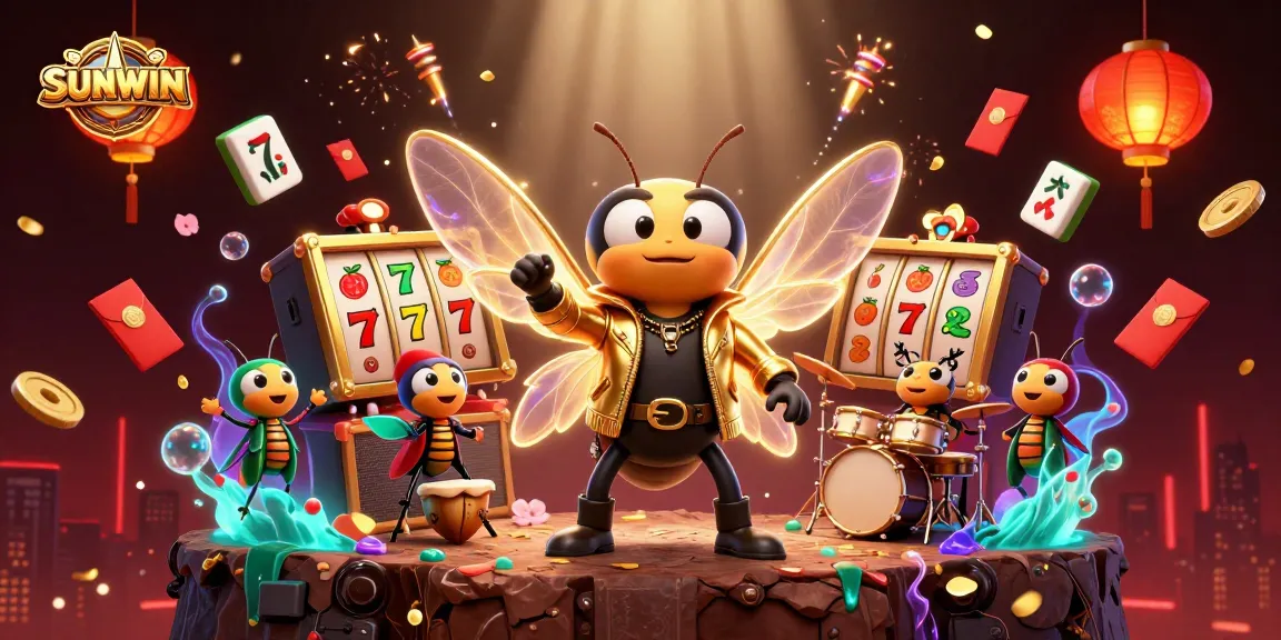 SUNWIN showcases a vibrant casino atmosphere with a rock star cicada surrounded by gaming elements.