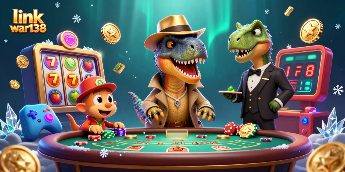 Experience thrilling gaming at link war138 with cartoon velociraptor and stegosaurus characters at a lively casino scene.