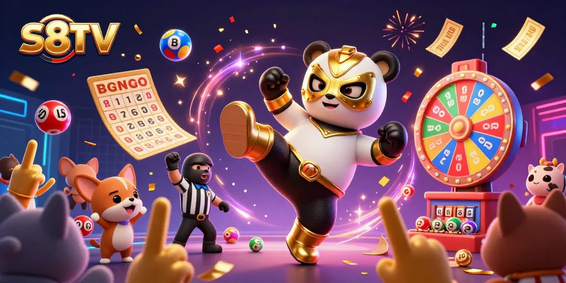 S8TV showcases an exciting gambling scene with a panda wrestler and energetic animal spectators.