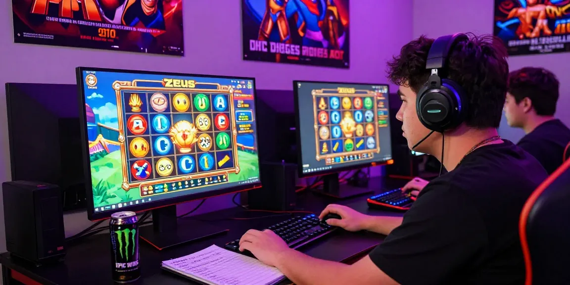 Player immersed in slot zeus game on computer, vibrant gaming setup with LED lights and strategy notes.