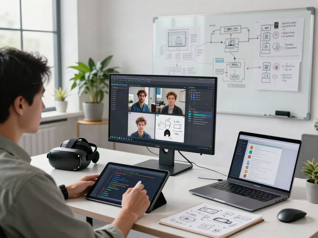 Data scientist using AI image detection software in a modern tech workspace.