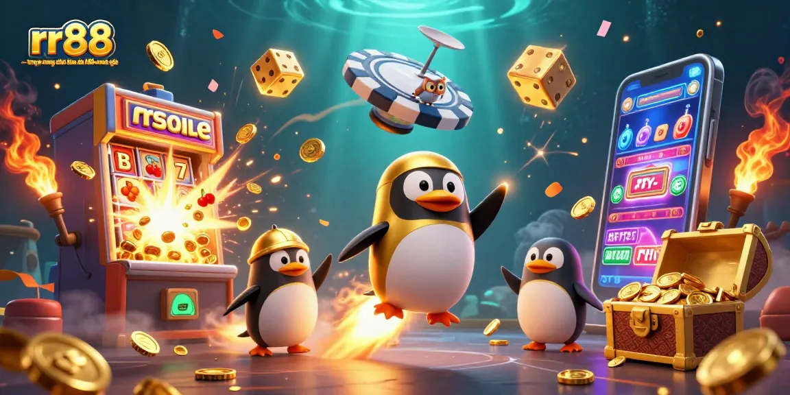 rr88 - truy cập trang chủ nhà cái rr88 mới nhất with a golden penguin and slot machine explosion in space