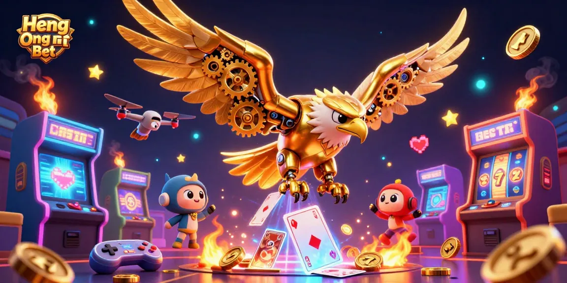 Experience Heng Ong Bet with a thrilling dive of a cybernetic golden eagle amidst floating gaming symbols.