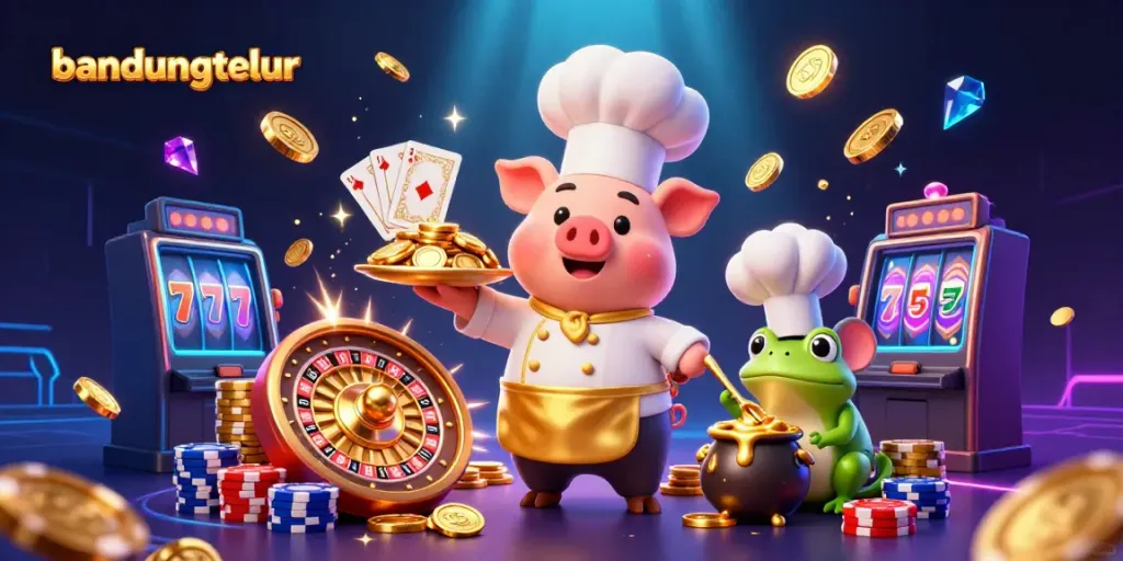 Engage bandungtelur's vibrant casino action featuring a chef pig, sous-chef mouse, and critic frog amidst golden rewards.
