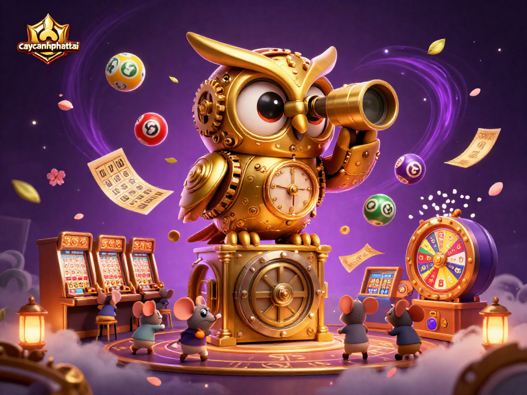 Engage with the vibrant world of caycanhphattai as the golden owl oversees a lively casino scene.