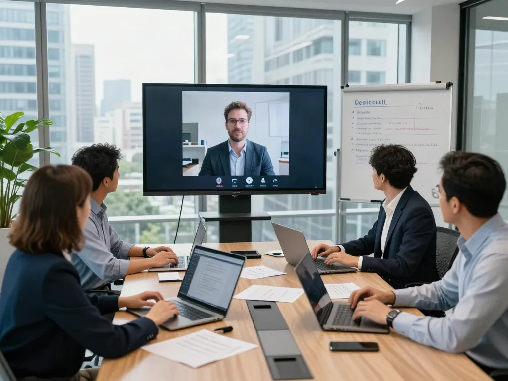 Deepfake free meetings in a corporate conference room with a professional diverse team.