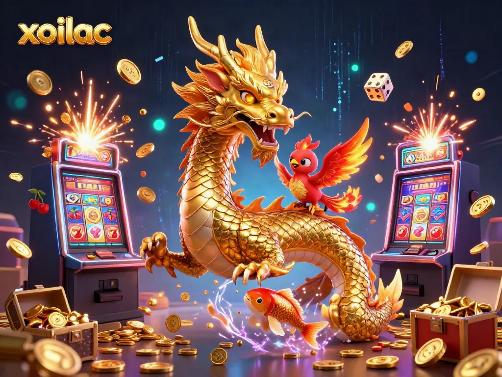 Xoilac showcases an epic scene with a golden dragon, red phoenix, and koi fish in a vibrant casino atmosphere.